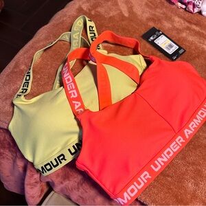 Set of 2-Under Armour Women's Sports Bra Set - Neon Green and Bright Orange -NWT